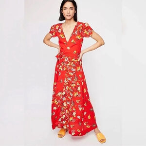 Free People Red Floral Wrap Dress Size Medium Women's Short Sleeve Tulip Hem